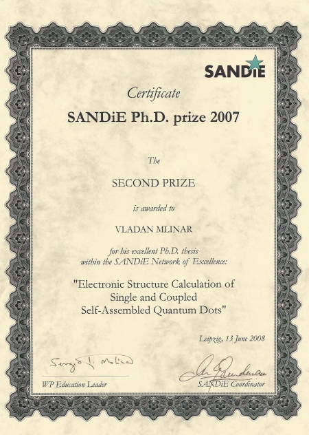 Vladan Mlinar's thesis prize